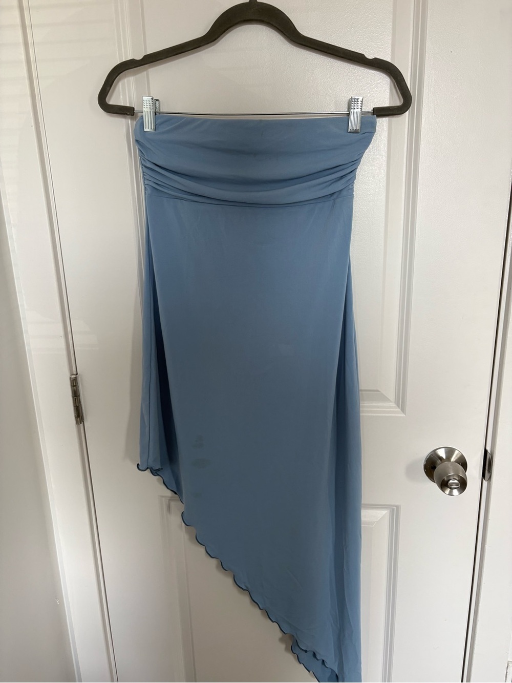 Strapless Dusty Blue Asymmetric Maxi Dress